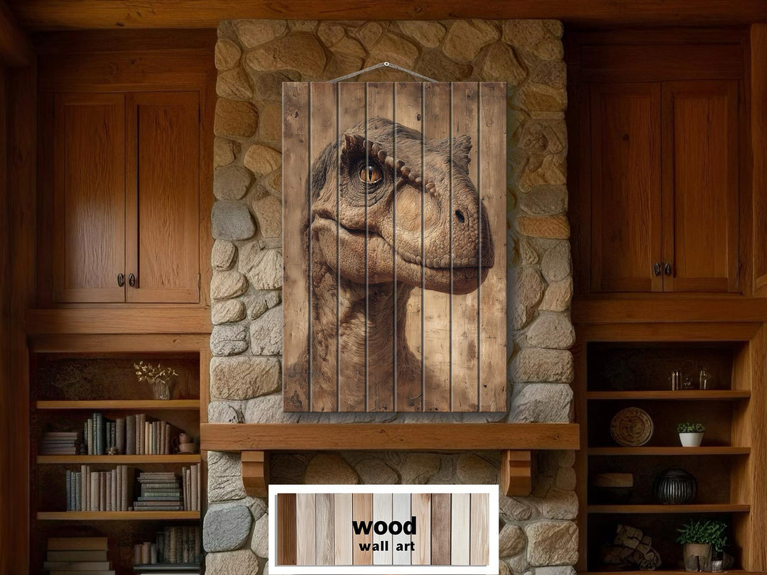 Realistic T-Rex portrait printed on vertical wooden planks, ideal for a bedroom or man cave.