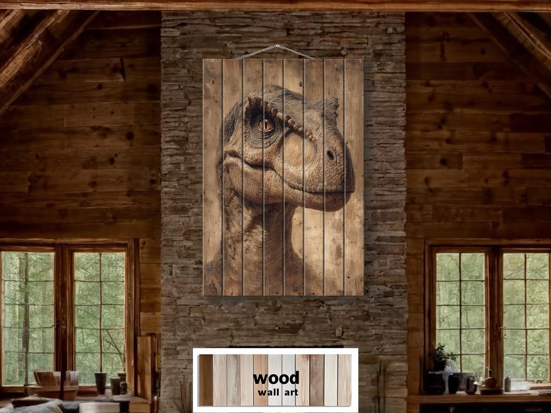 Vertical wood plank wall art featuring a realistic T-Rex portrait in warm earth tones.