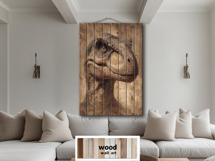 Realistic T-Rex portrait printed on vertical wooden planks for bedroom or man cave wall decor.