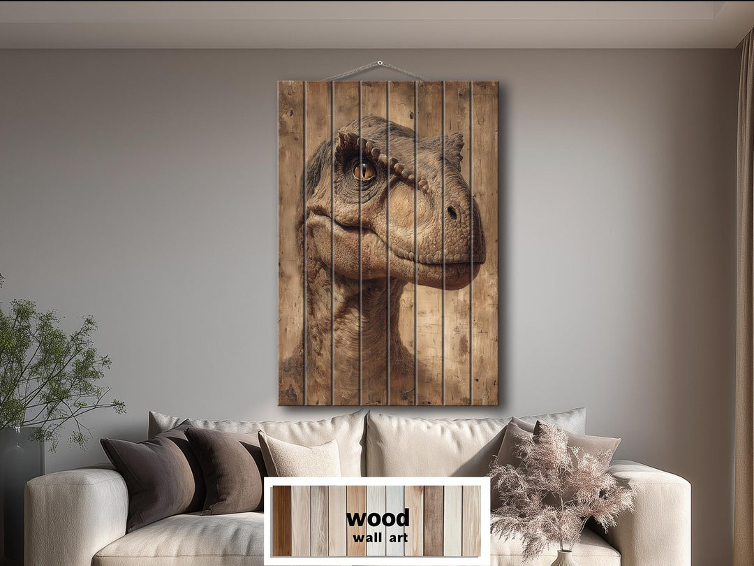 Vertical wood plank wall art featuring a realistic T-Rex head in warm earth tones.