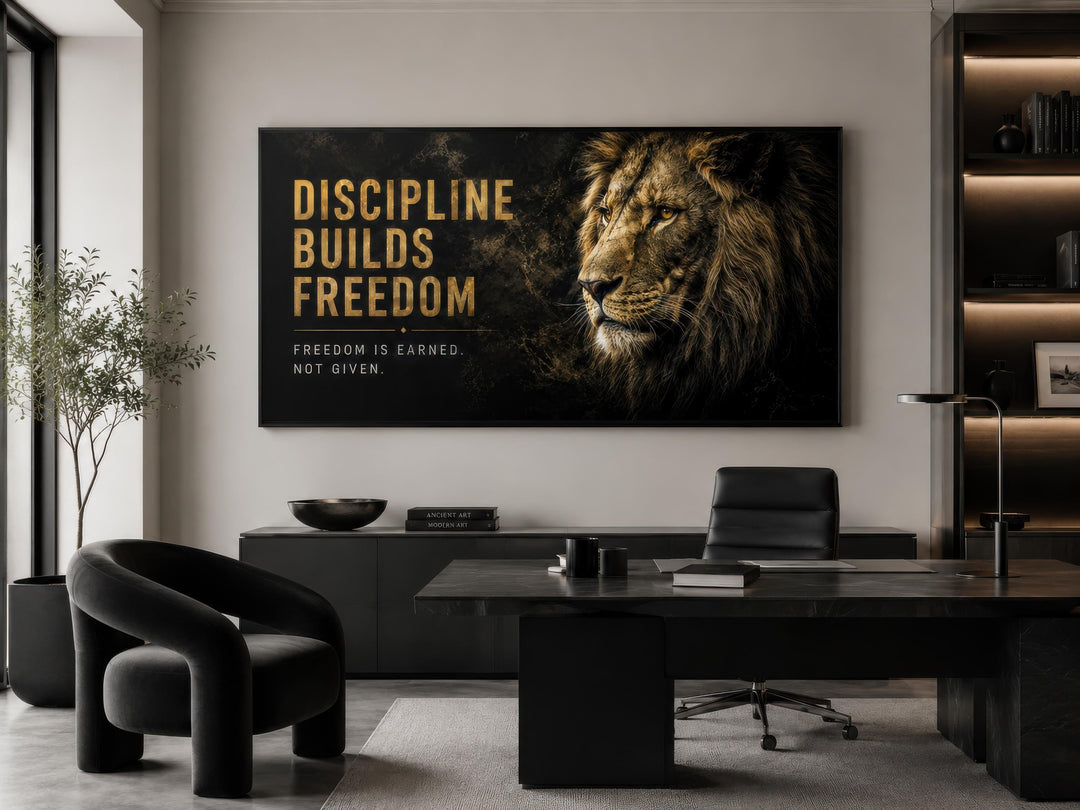 Discipline Builds Freedom motivational lion wall art in a black and gold canvas for a men's office.