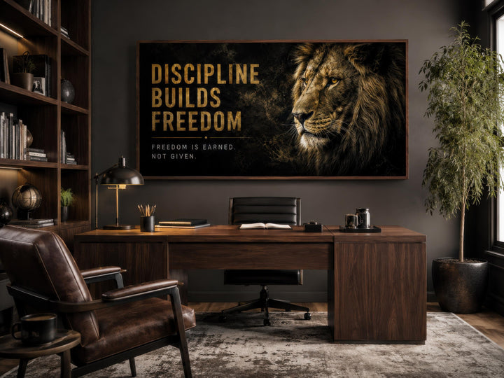 Discipline Builds Freedom motivational lion wall art in a dark, wood-paneled office setting.