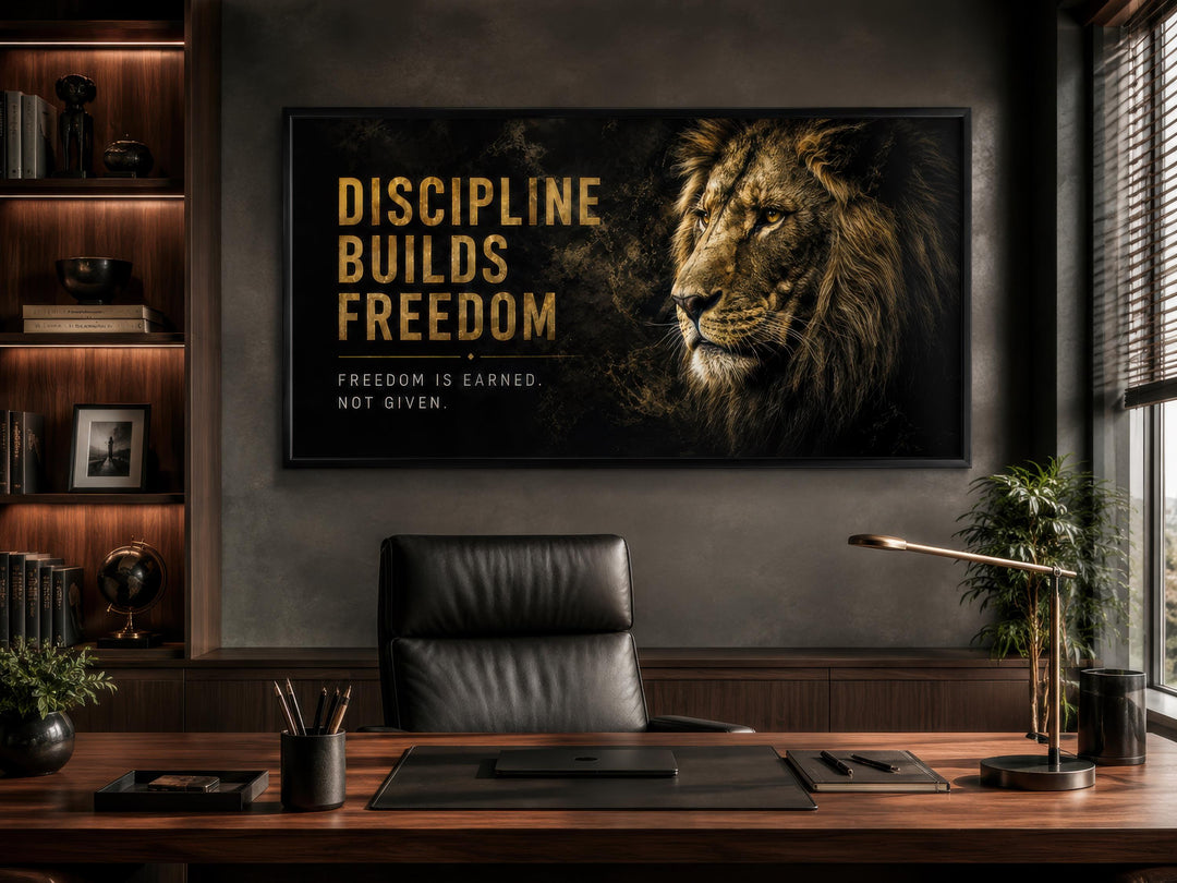 Discipline Builds Freedom lion wall art in a dark office with a leather chair and wooden desk.