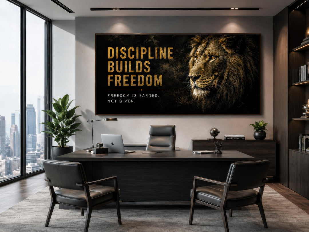 Discipline Builds Freedom motivational lion wall art in a black and gold canvas for a men's office.