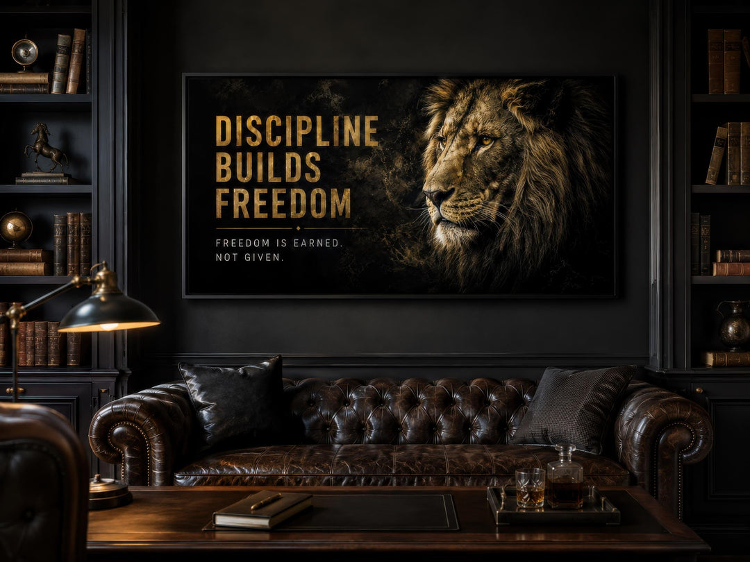 Motivational lion wall art with gold text Discipline Builds Freedom in a dark office setting.