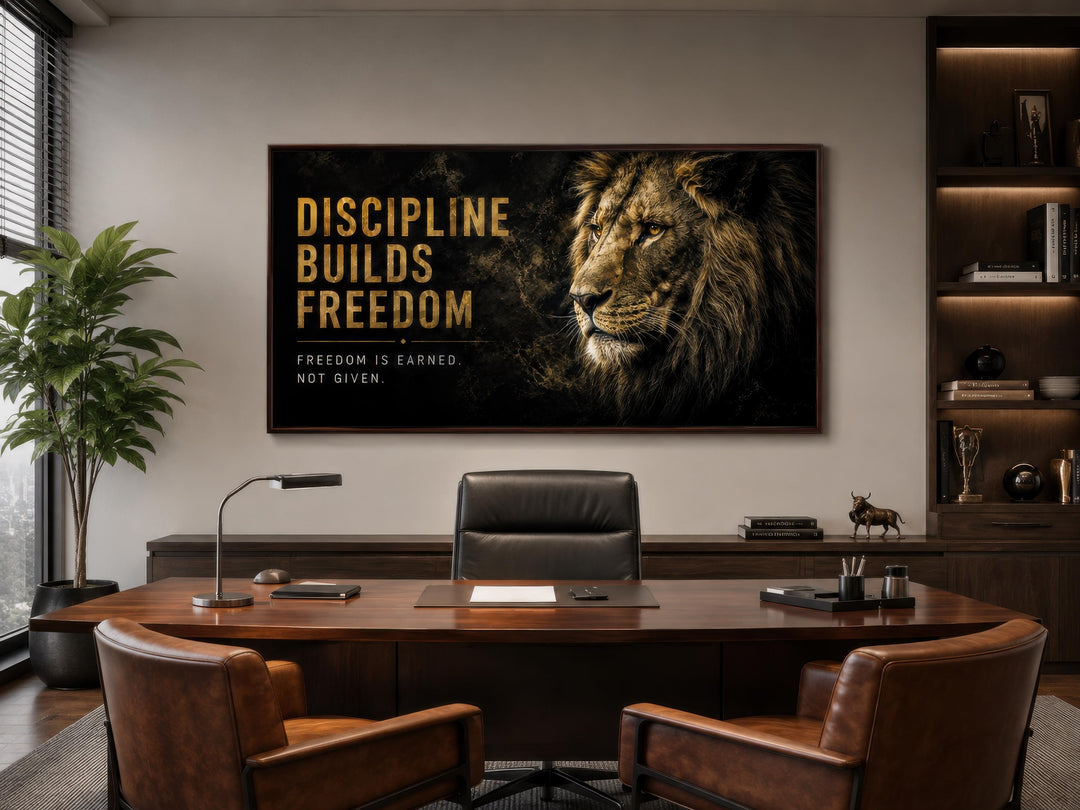 Discipline Builds Freedom motivational lion wall art in a black and gold canvas for a men's office.