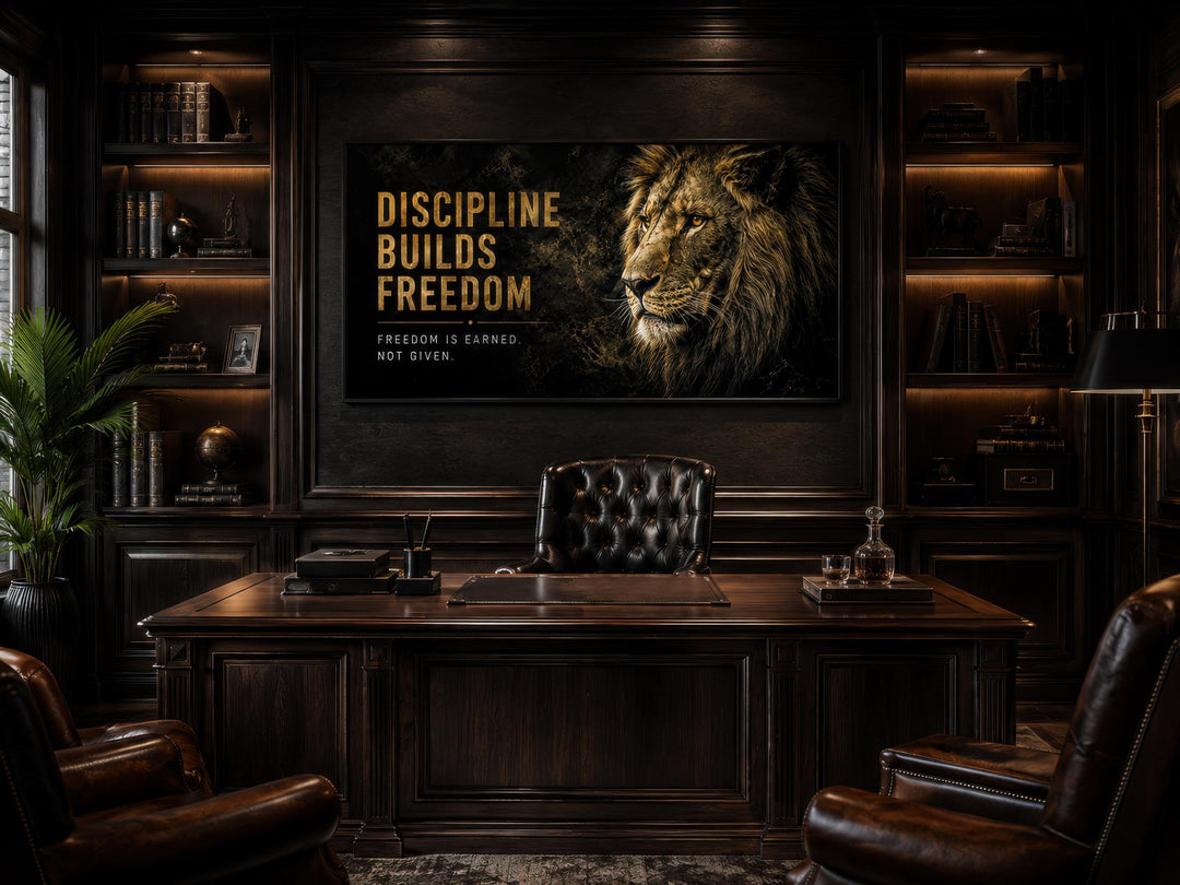 Discipline Builds Freedom lion wall art in a dark wood office with a leather desk chair.