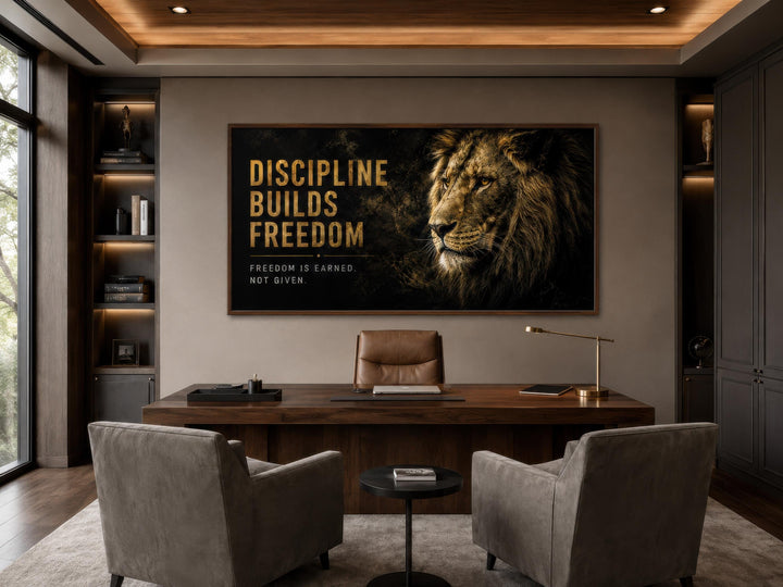 Discipline Builds Freedom lion wall art in a dark wood office with a leather chair and desk.