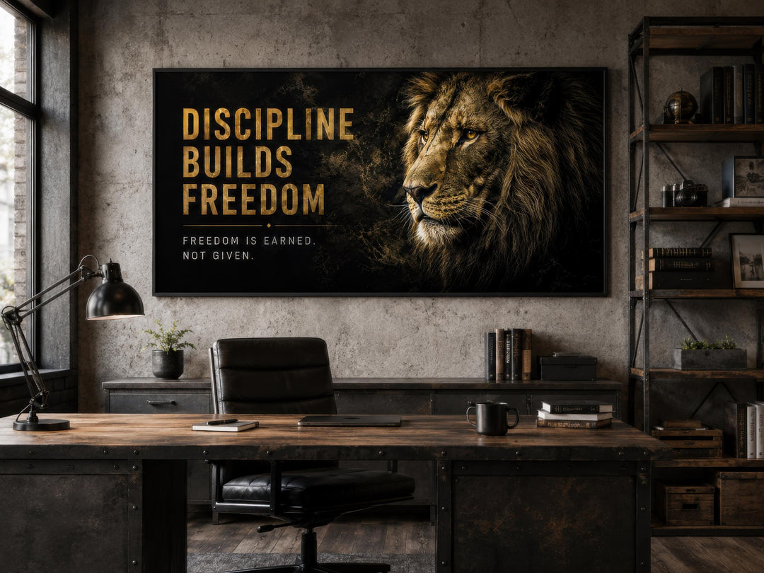 Motivational lion wall art with gold text 'Discipline Builds Freedom' in a dark industrial office.