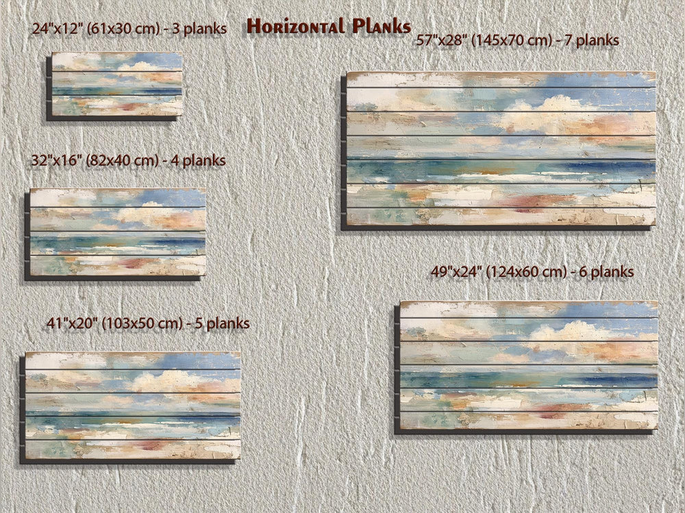 Distressed ocean horizon rustic wood wall art with horizontal planks.