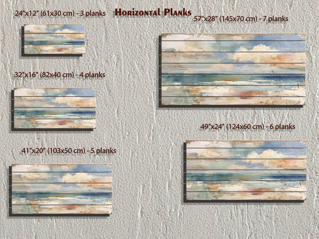Distressed ocean horizon rustic wood wall art with horizontal planks.