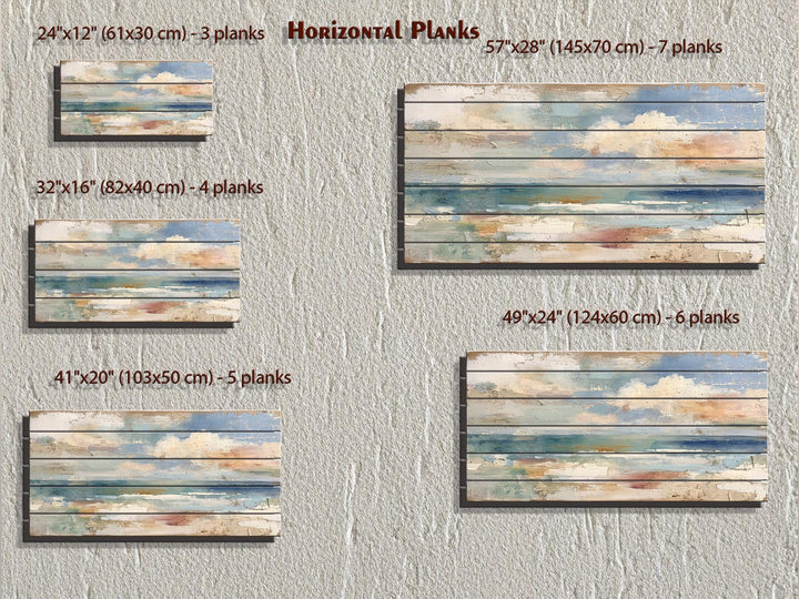 Distressed ocean horizon rustic wood wall art with horizontal planks.