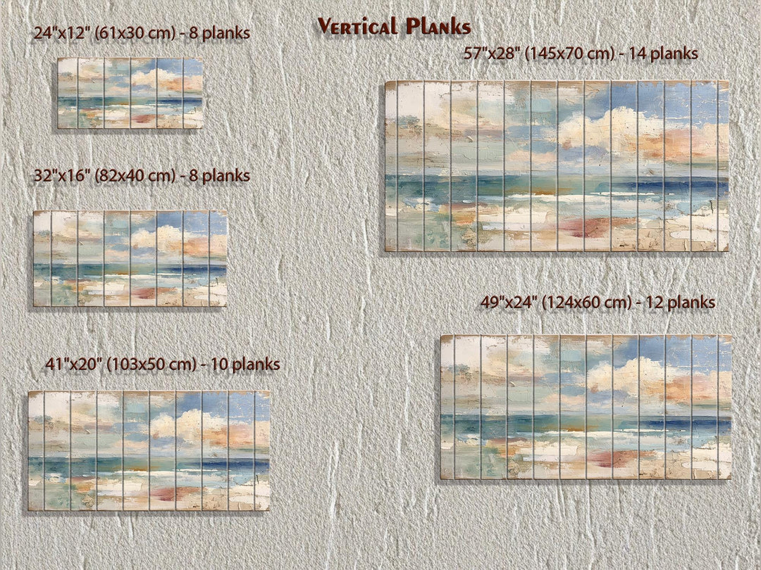 Distressed ocean horizon rustic wood wall art with soft blues, grays, and sandy tones.