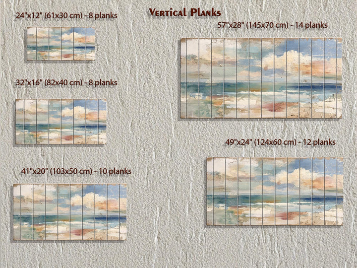 Distressed ocean horizon rustic wood wall art with soft blues, grays, and sandy tones.