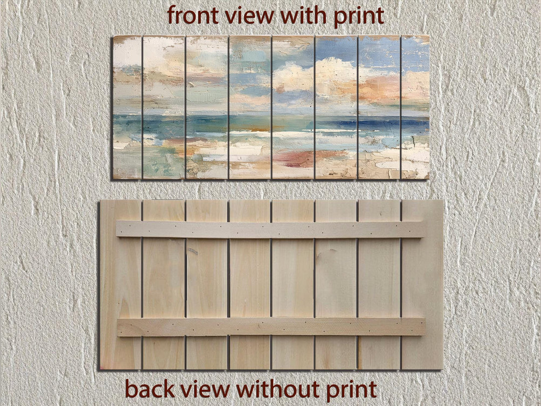 Distressed ocean horizon rustic wood wall art with a painted seascape.