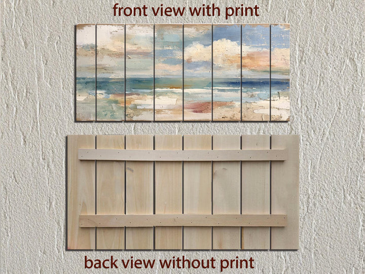 Distressed ocean horizon rustic wood wall art with a painted seascape.