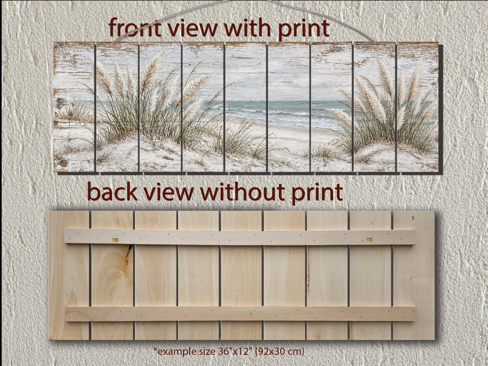 Front and back views of a long coastal seascape wood wall art featuring pampas grass and the ocean.