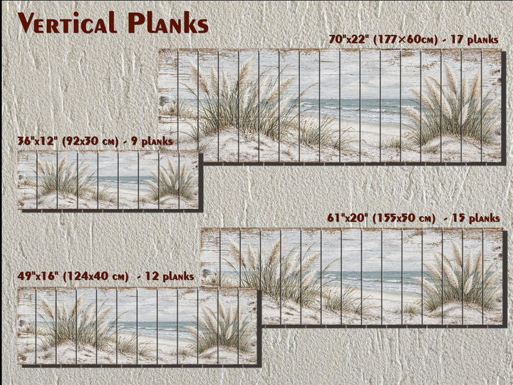 Distressed wood wall art showing pampas grass and ocean in four sizes with plank counts.