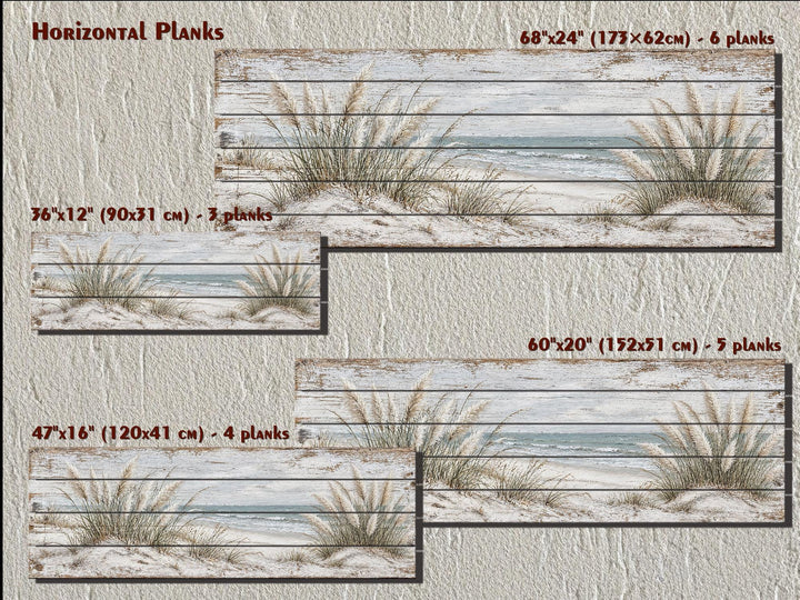 Four sizes of coastal pampas grass and ocean wood wall art on horizontal planks.