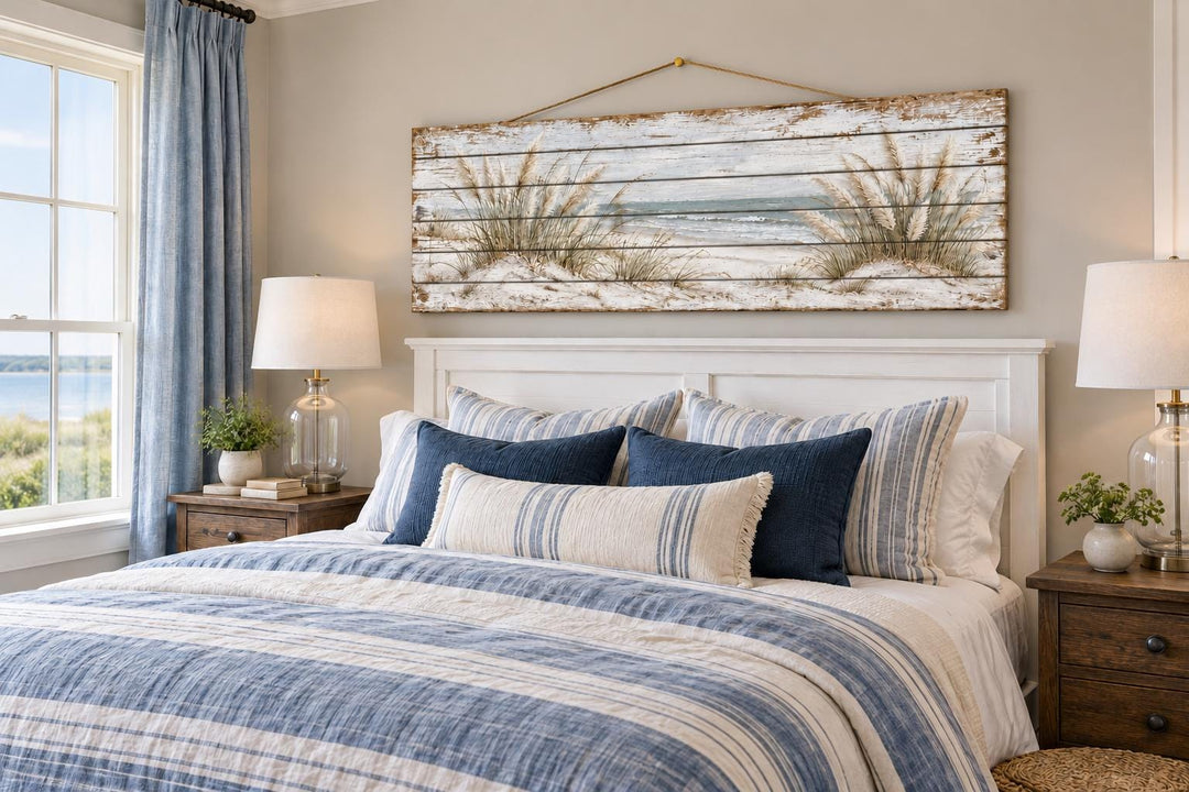 Distressed wood wall art featuring pampas grass and a coastal seascape above a white headboard.