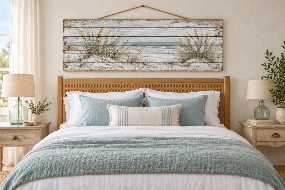 Distressed wood wall art with pampas grass and ocean seascape hanging above a bed with blue pillows.
