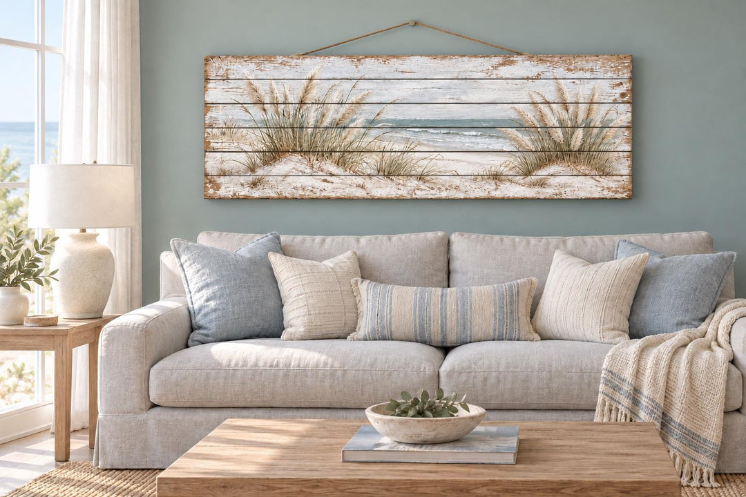 Distressed wood wall art featuring pampas grass and a coastal seascape above a neutral sofa.