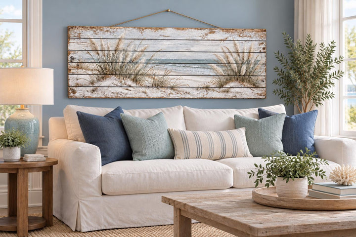 Distressed wood wall art of pampas grass and ocean seascape hanging above a white sofa.