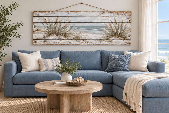 Long horizontal distressed wood wall art featuring pampas grass and a coastal seascape over a sofa.