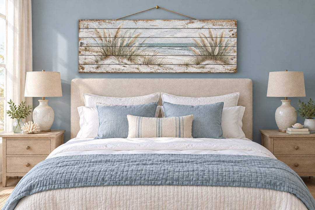 Distressed wood wall art featuring pampas grass and a coastal seascape above a bed.