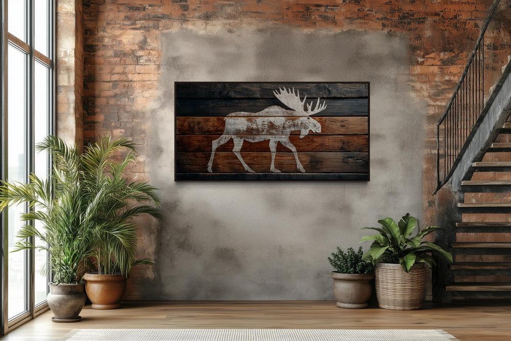 Distressed White Moose Silhouette On Wood Planks Framed Canvas Wall Art