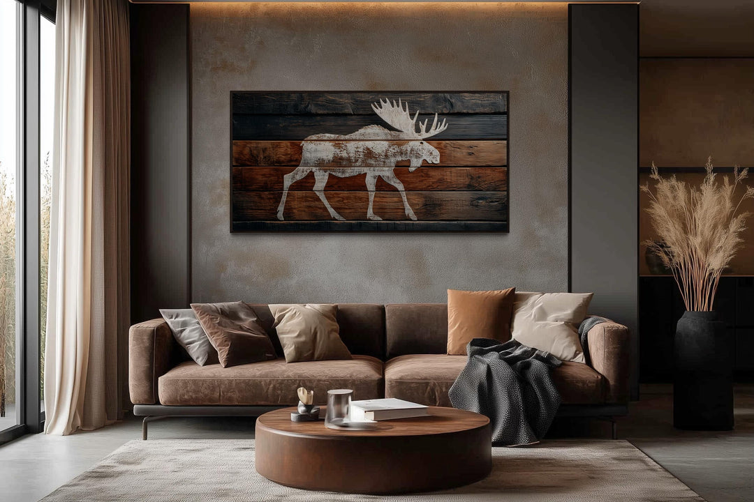 Distressed White Moose Silhouette On Wood Planks Framed Canvas Wall Art