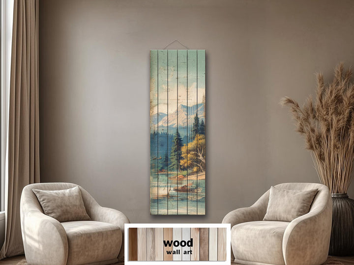 Distressed Wood Wall Art - Vertical Mountain Lake Print on Wood Planks | Rustic Cabin Decor