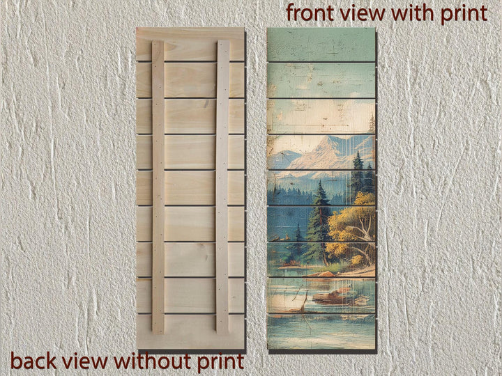 Distressed Wood Wall Art - Vertical Mountain Lake Print on Wood Planks | Rustic Cabin Decor