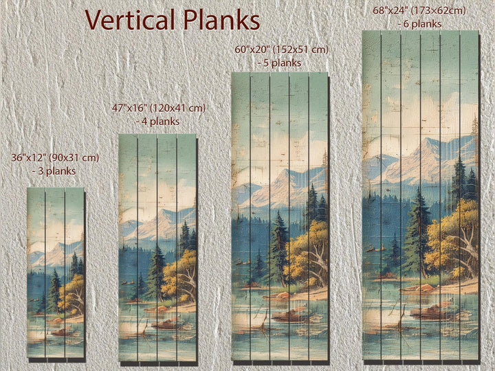 Distressed Wood Wall Art - Vertical Mountain Lake Print on Wood Planks | Rustic Cabin Decor