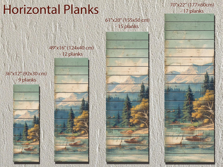 Distressed Wood Wall Art - Vertical Mountain Lake Print on Wood Planks | Rustic Cabin Decor