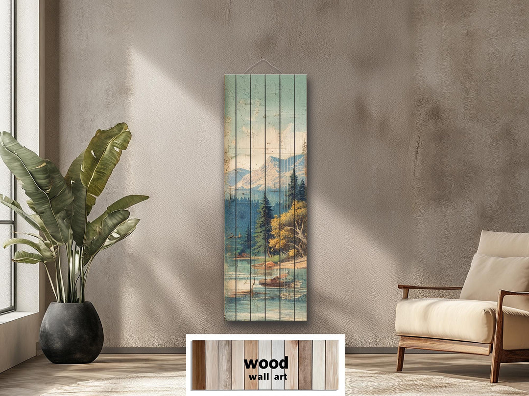 Distressed Wood Wall Art - Vertical Mountain Lake Print on Wood Planks | Rustic Cabin Decor