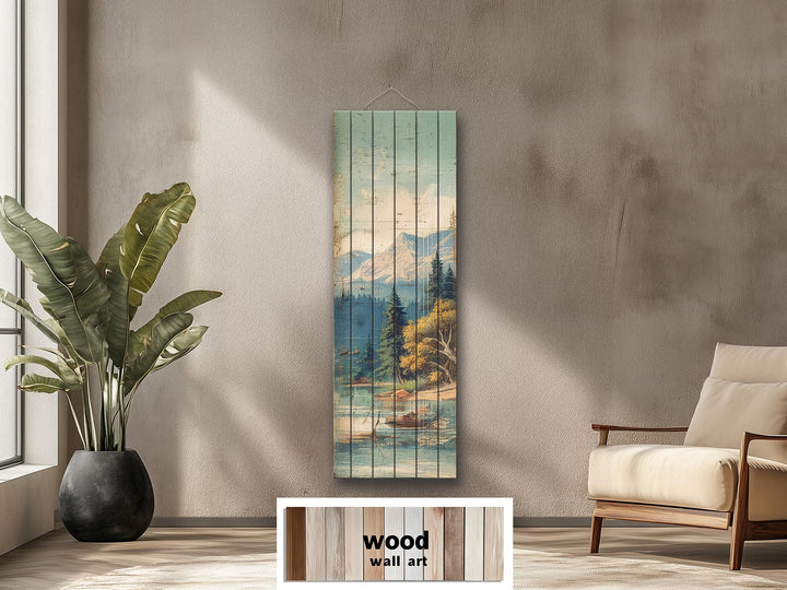 Distressed Wood Wall Art - Vertical Mountain Lake Print on Wood Planks | Rustic Cabin Decor