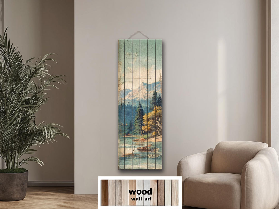 Distressed Wood Wall Art - Vertical Mountain Lake Print on Wood Planks | Rustic Cabin Decor