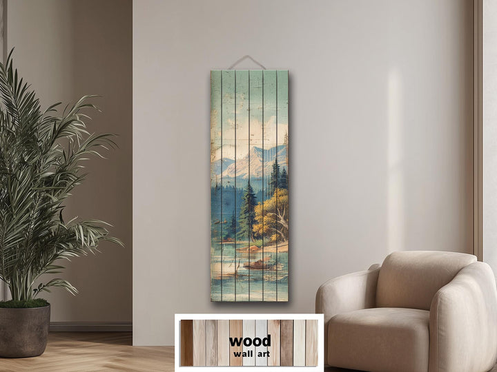 Distressed Wood Wall Art - Vertical Mountain Lake Print on Wood Planks | Rustic Cabin Decor