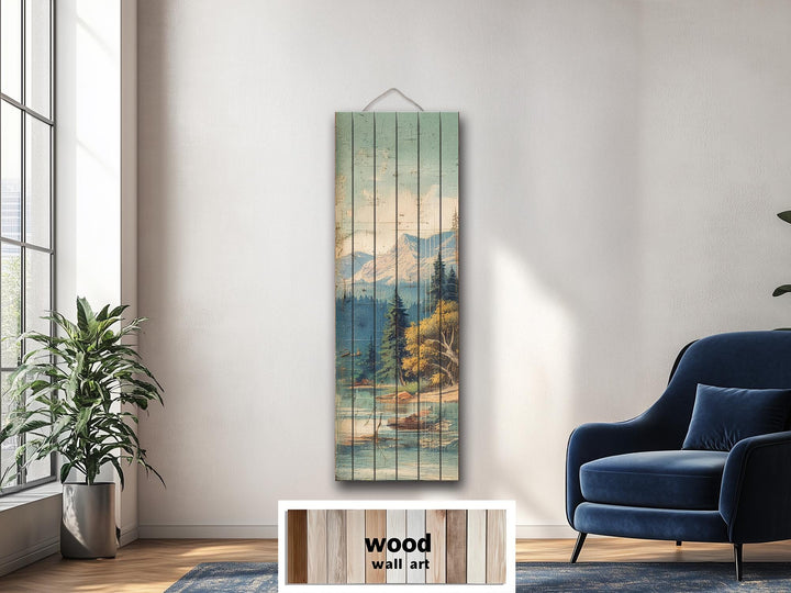 Distressed Wood Wall Art - Vertical Mountain Lake Print on Wood Planks | Rustic Cabin Decor