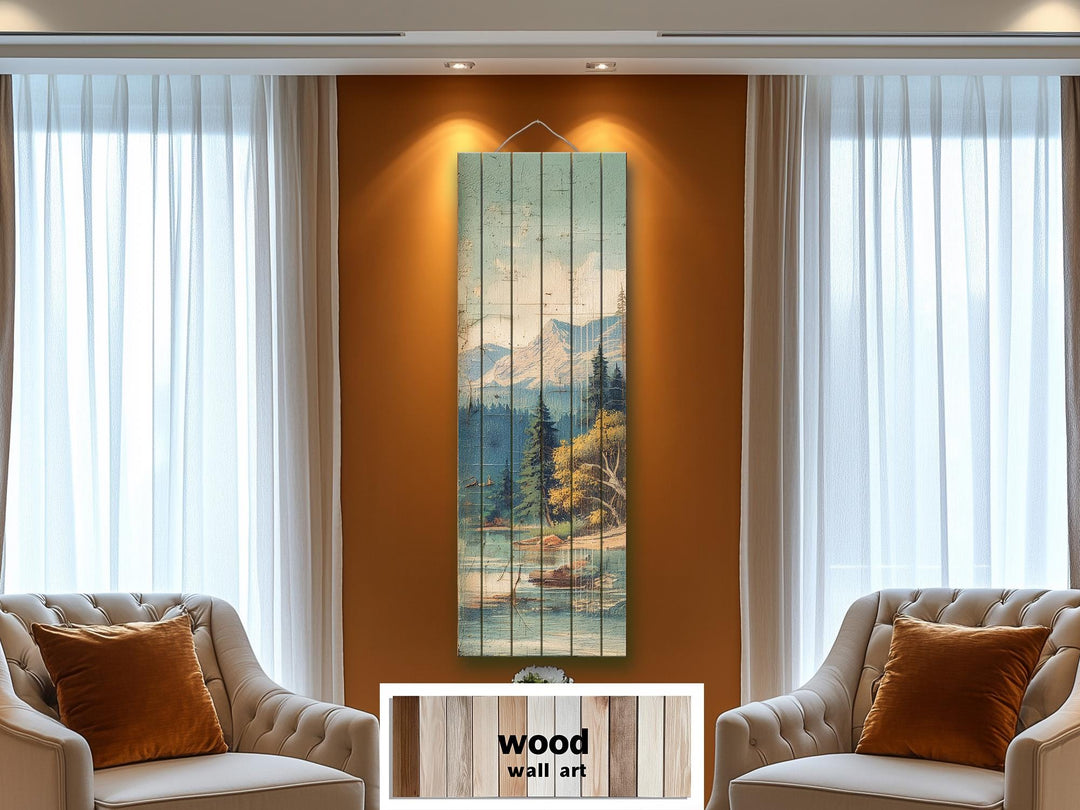 Distressed Wood Wall Art - Vertical Mountain Lake Print on Wood Planks | Rustic Cabin Decor