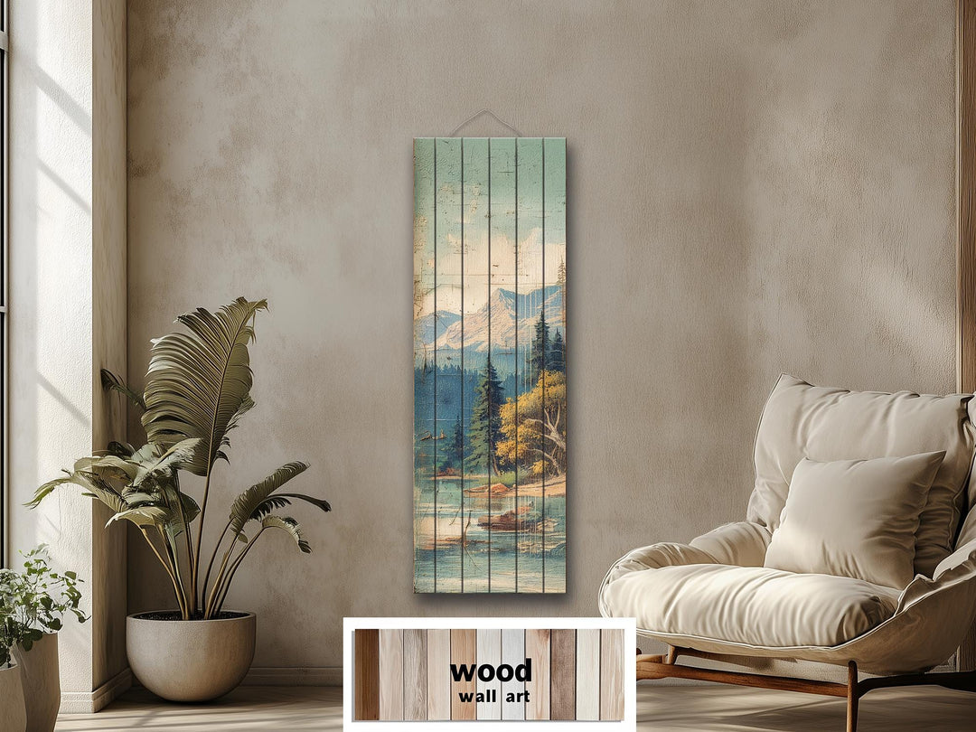 Distressed Wood Wall Art - Vertical Mountain Lake Print on Wood Planks | Rustic Cabin Decor