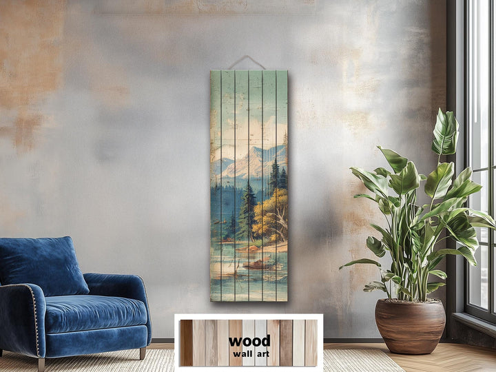 Distressed Wood Wall Art - Vertical Mountain Lake Print on Wood Planks | Rustic Cabin Decor