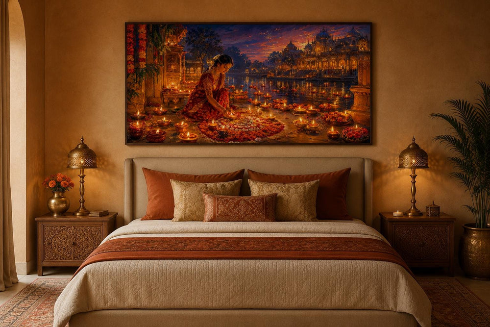 Diwali canvas wall art of a woman lighting diyas above a bed with warm orange and gold tones.