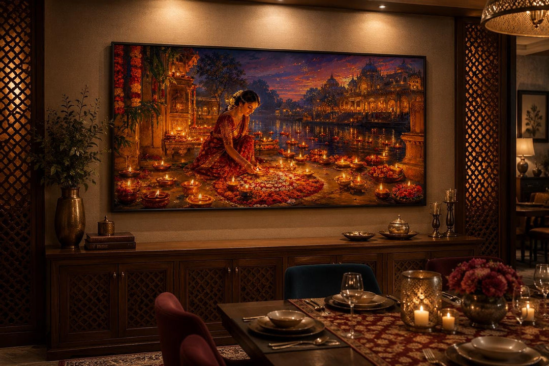 Diwali canvas wall art of a woman lighting diyas by a river, displayed in a warm dining room.