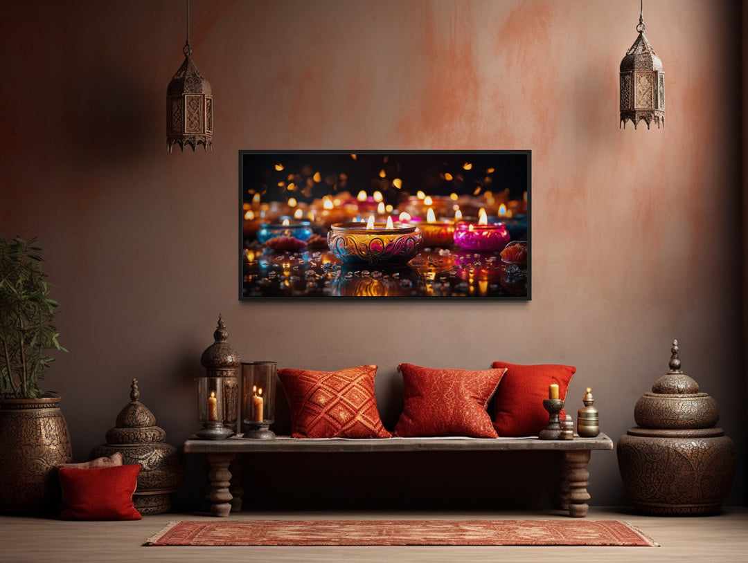 Diwali Festival Wall Art – Framed Indian Canvas Print With Glowing Diyas