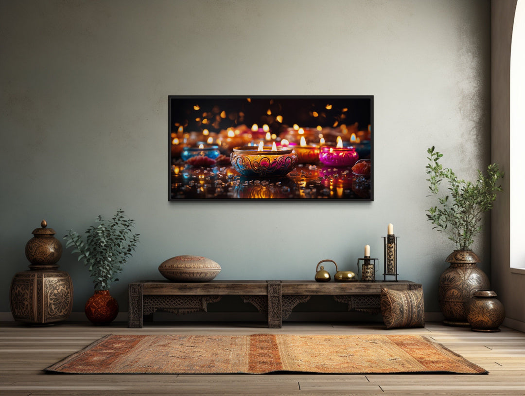 Diwali Festival Wall Art – Framed Indian Canvas Print With Glowing Diyas