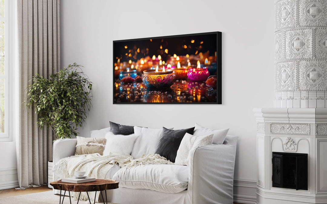 Diwali Festival Wall Art – Framed Indian Canvas Print With Glowing Diyas