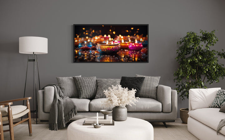 Diwali Festival Wall Art – Framed Indian Canvas Print With Glowing Diyas