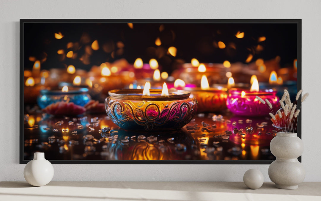 Diwali Festival Wall Art – Framed Indian Canvas Print With Glowing Diyas